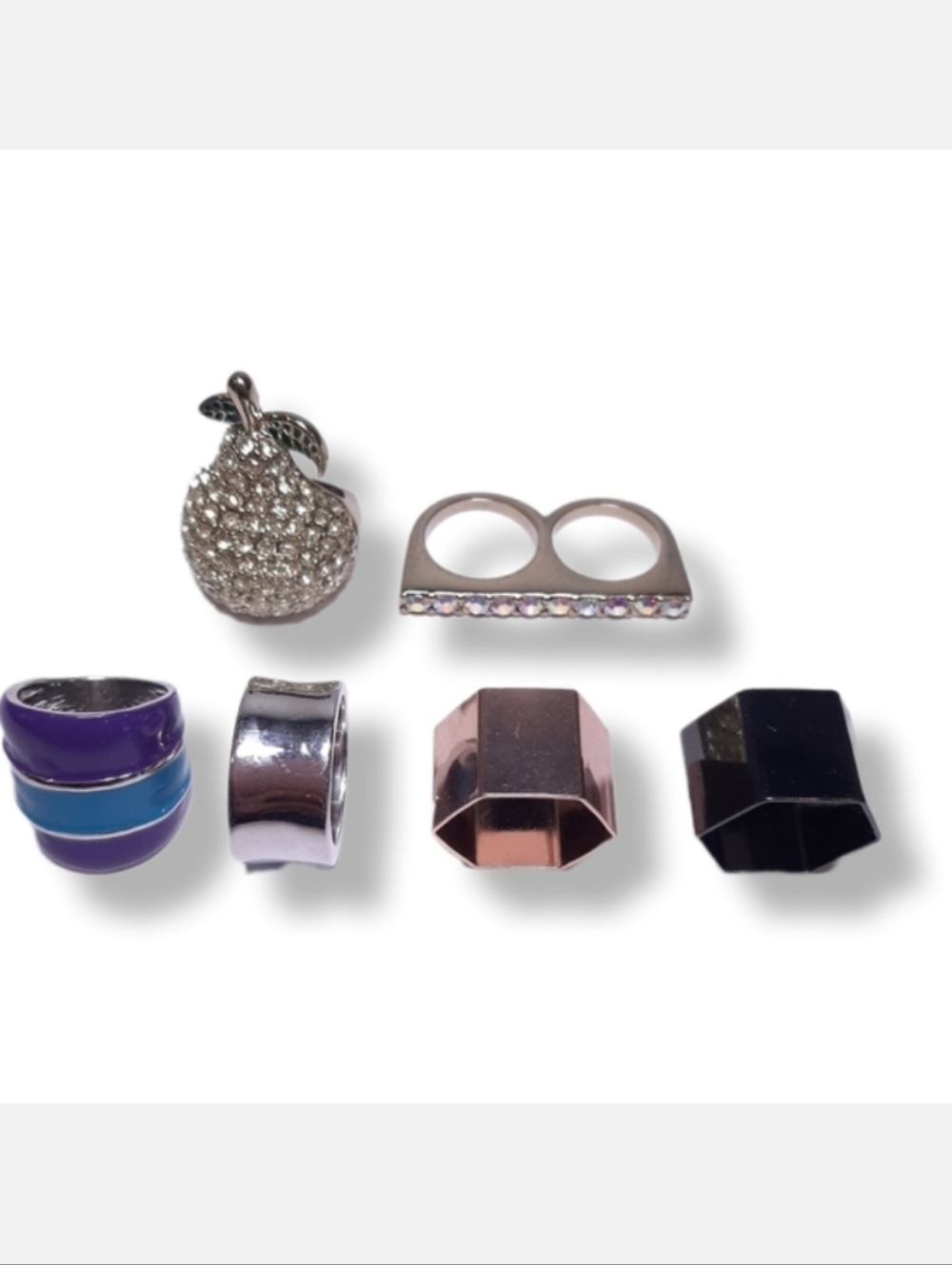 Bundle Of 5 Chunky Fashion Rings Statement Rhinestone Hexagon Silver Gold